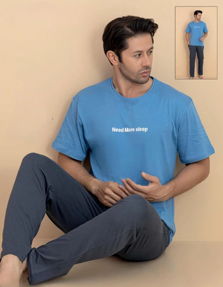 Pijamerry Erkek Bisiklet Yaka Kısa Kol Penye Pijama Takımı 6319 - 1 Adet  2XL Mavi ürün görseli 1