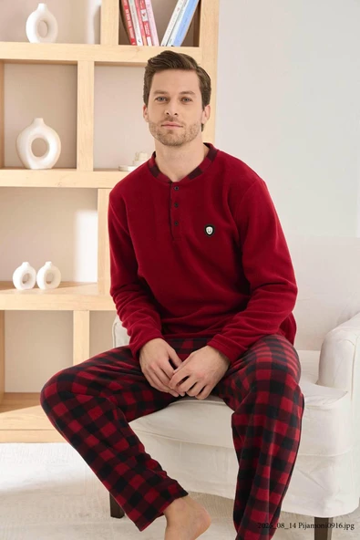 Pijamoni Erkek Düğme Yaka Kışlık Polar Pijama Takımı 6100/11,1 - 1 Adet  Bordo 2XL ürün görseli 1