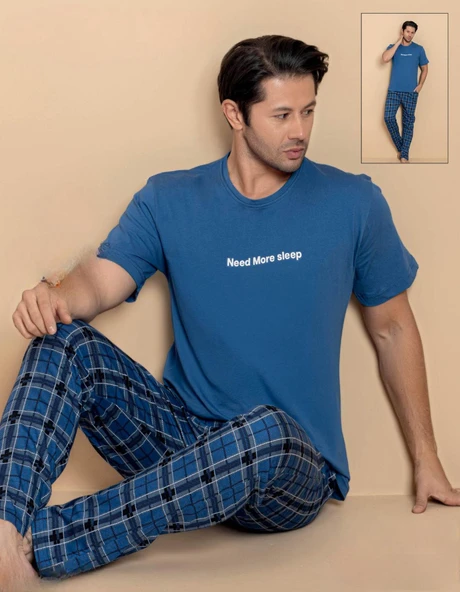 Pijamerry Erkek Bisiklet Yaka Kısa Kol Penye Pijama Takımı 6325 - 1 Adet  S - M Mavi ürün görseli 1