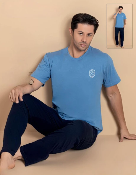 Pijamerry Erkek Bisiklet Yaka Kısa Kol Penye Pijama Takımı 6381 - 1 Adet  XL Mavi ürün görseli 1