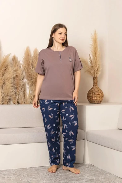 Sude Kadın Büyük Beden Düğme Yaka Penye Likralı Kısa Kol İnce Pijama Takımı P284 - 1 Adet  4XL Kahverengi ürün görseli 1