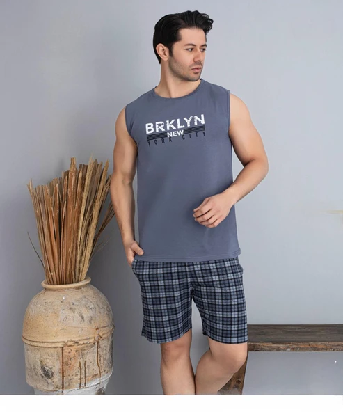 Pijamoni Erkek Bisiklet Yaka Kolsuz Şortlu Pijama Takımı 6185/12 - 1 Adet  M Füme ürün görseli 1