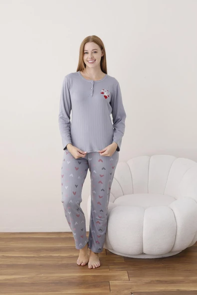 Lindros Kadın Pamuk'lu Düğme Yaka Raporlu İnterlok KIŞLIK Pijama Takımı 05020 - 1 Adet   S - M Lila ürün görseli 1