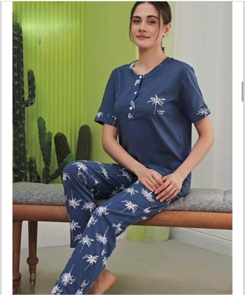 Miss Klein Kadın Büyük Beden Düğme Yaka Pamuklu Likralı Kısa Kol Pijama Takımı 1135 - 1 Adet  İndigo 2XL ürün görseli 1