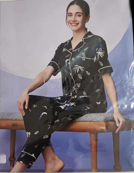 Miss Klein Kadın Büyük Beden Gömlek Yaka Pamuklu Likralı Kısa Kol Pijama Takımı 1138 - 1 Adet  Siyah 3XL ürün görseli 1