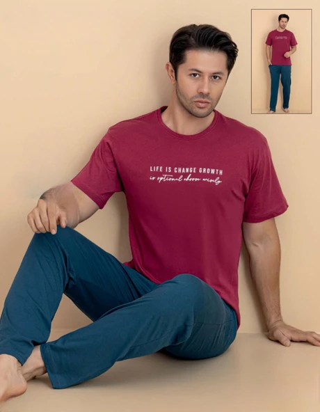 Pijamerry Erkek Bisiklet Yaka Kısa Kol Penye Pijama Takımı 6320 - 1 Adet  L Kırmızı ürün görseli 1
