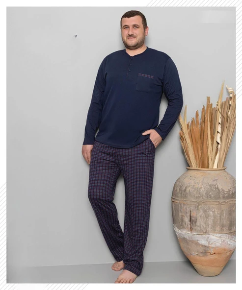 Pijamoni Erkek Battal Düğme Yaka Penye Uzun Kol  Pijama Takımı 6720/8 - 1 Adet  Lacivert 3XL ürün görseli 1