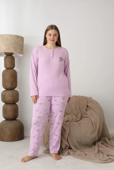 Lindros Kadın Pamuk'lu Düğme Yaka Raporlu İnterlok KIŞLIK Battal Pijama Takımı 05164 - 1 Adet   Gül Kurusu 3XL ürün görseli 1