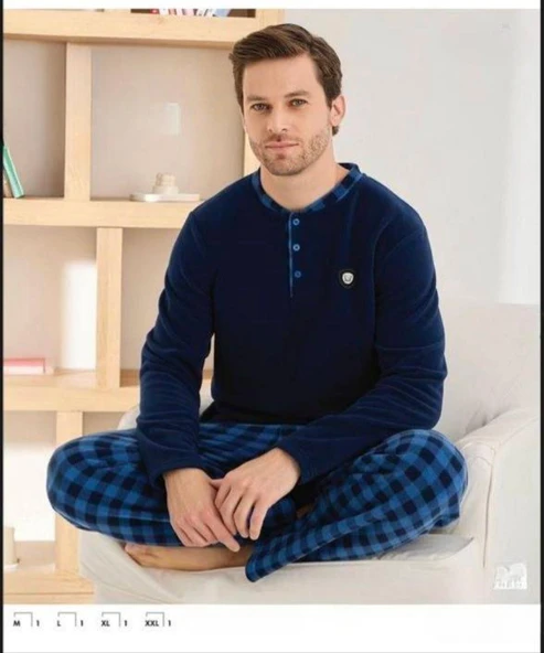 Pijamoni Erkek Düğme Yaka Kışlık Polar Pijama Takımı 6100/10,1 - 1 Adet  Lacivert 2XL ürün görseli 1