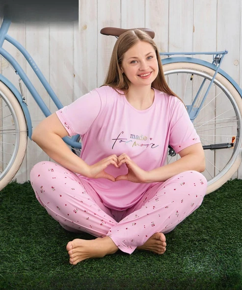 Pijamoni Kadın Milan Büyük Beden Bisiklet Yaka Kısa Kol İnce Pijama Takımı 7665/17 - 1 Adet  4XL Pembe ürün görseli 1