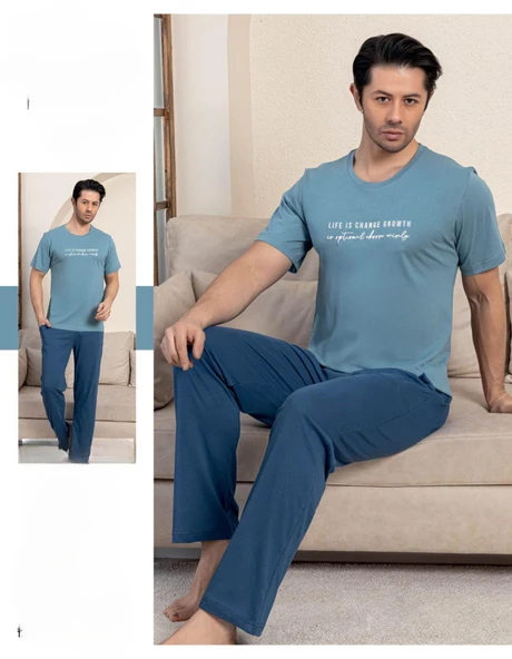 Pijamerry Erkek Bisiklet Yaka Kısa Kol Penye Pijama Takımı 5832 - 1 Adet  XL Açık Mavi ürün görseli 1