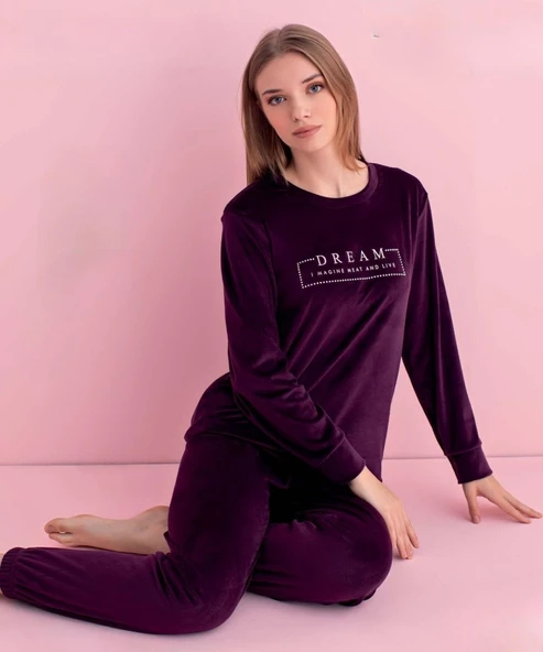 Pijamerry Kadın Kışlık Bisiklet Yaka Kadife Pijama Takımı 3041M - 1 Adet  L Mor ürün görseli 1