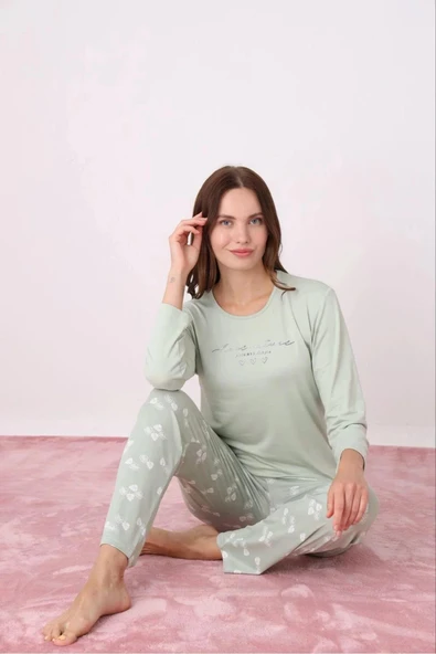 Pijamoni Kadın Milan Bisiklet Yaka Uzun Kol İnce Pijama Takımı 7600/33 - 1 Adet  XL Su Yeşil ürün görseli 1