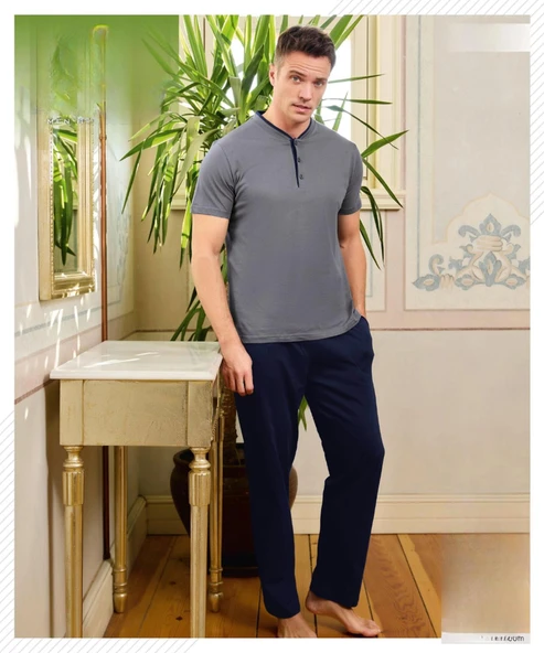 Pijamoni Erkek Düğme Yaka Kısa Kol Penye Pijama Takımı 6880/4 - 1 Adet  XL Füme ürün görseli 1