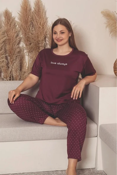 Charme Kadın Büyük Beden Bisiklet Yaka MİLAN Likralı Kısa Kol Pijama Takımı K601/252 - 1 Adet  Bordo 2XL ürün görseli 1