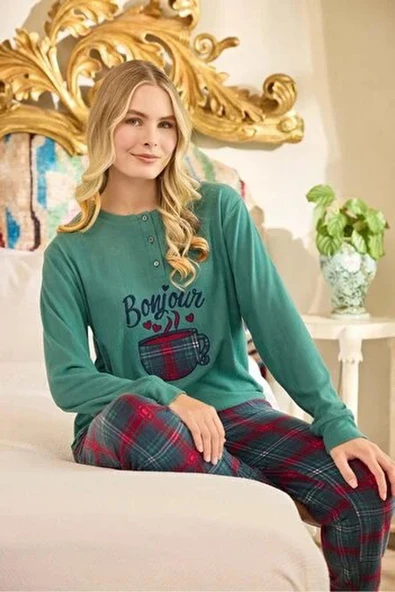 Aydoğan Kadın Düğme Yaka TERMAL Pijama Takımı 240668Y- 1 Adet  XL Yeşil ürün görseli 1