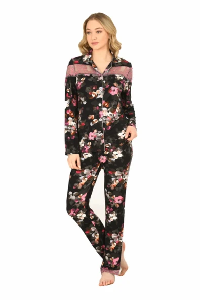 Jiber Kadın Viskon Önü Düğmeli Desenli Kışlık Pijama Takımı 3903 - 1 Adet  Siyah S ürün görseli 1