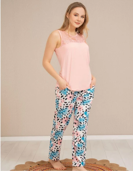 Baha Perfect Club Kadın Dantel Detaylı Bisiklet Yaka Kolsuz Pijama Takımı 4363 - 1 Adet  M Pembe ürün görseli 1