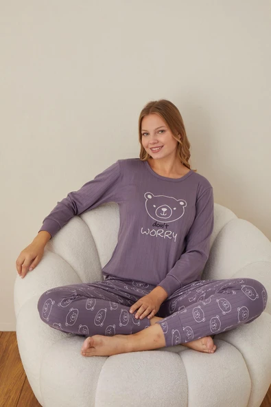 Lindros Kadın Pamuk'lu Düğme Yaka Raporlu İnterlok KIŞLIK Pijama Takımı 05006 - 1 Adet   L Mor ürün görseli 1