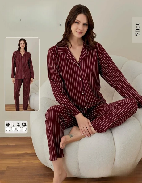 Boyraz Kadın Süet Boydan Düğmeli Pijama Takımı 02002 - 1 Adet  XL Bordo ürün görseli 1