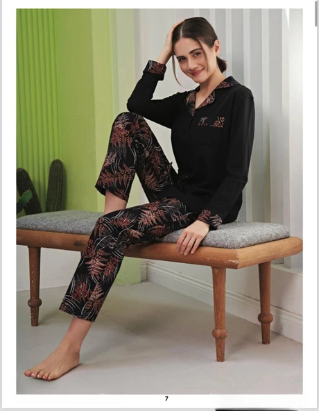 Miss Klein Kadın Büyük Beden Gömlek Yaka Pamuklu Likralı Kısa Kol Pijama Takımı 1136 - 1 Adet  Siyah 3XL ürün görseli 1
