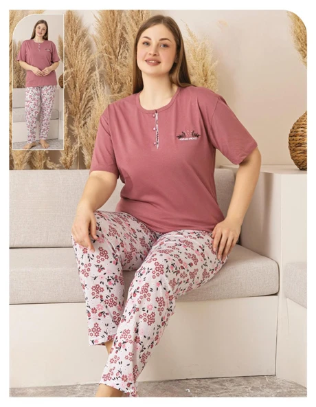 Sude Kadın Büyük Beden Düğme Yaka Penye Kısa Kol İnce Pijama Takımı P134 - 1 Adet  2XL Gül Kurusu ürün görseli 1