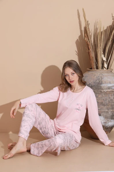 Lindros Kadın Pamuk'lu Düğme Yaka Raporlu İnterlok KIŞLIK Pijama Takımı 05033 - 1 Adet   S - M Pembe ürün görseli 1