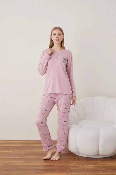 Lindros Kadın Pamuk'lu Düğme Yaka Raporlu İnterlok KIŞLIK Pijama Takımı 05011 - 1 Adet   XL Gül Kurusu ürün görseli 1