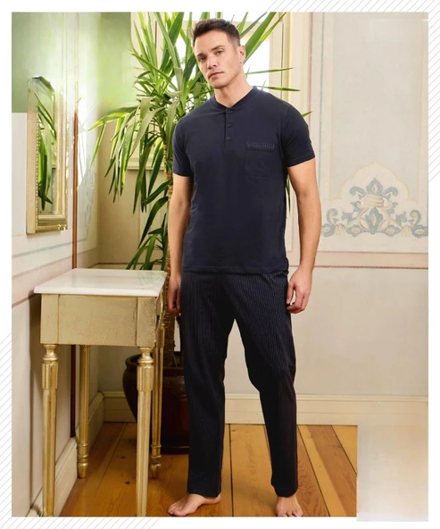 Pijamoni Erkek Düğme Yaka Kısa Kol  Pijama Takımı 6850/13 - 1 Adet  XL Koyu Lacivert ürün görseli 1