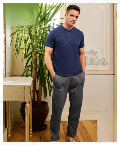 Pijamoni Erkek Düğme Yaka Kısa Kol Penye Pijama Takımı 6880/2 - 1 Adet  M Lacivert ürün görseli 1