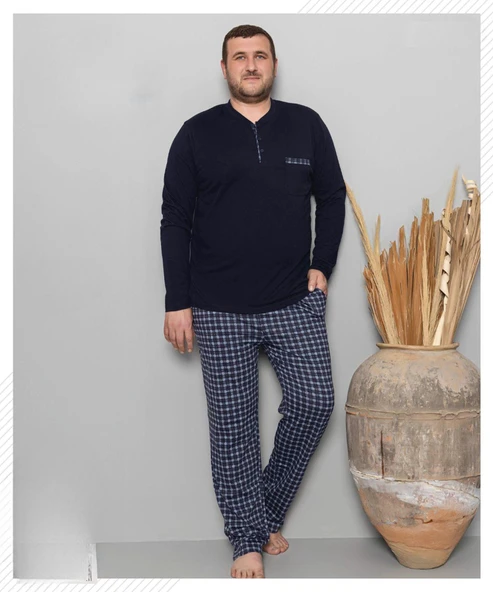 Pijamoni Erkek Battal Düğme Yaka Penye Uzun Kol  Pijama Takımı 6720/10 - 1 Adet  Siyah 5XL ürün görseli 1