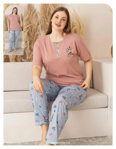 Sude Kadın Büyük Beden Düğme Yaka Penye Kısa Kol İnce Pijama Takımı P127 - 1 Adet  4XL Pudra ürün görseli 1
