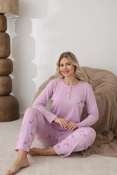 Lindros Kadın Pamuk'lu Düğme Yaka Raporlu İnterlok KIŞLIK Pijama Takımı 05163 - 1 Adet   XL Gül Kurusu ürün görseli 1