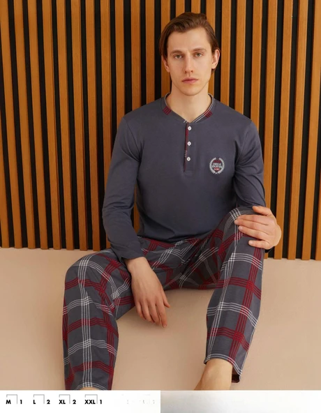 PijamoniErkek Süprem Slim Fit Uzun Kol İnce Pijama Takımı 6300 / 11 - 1 Adet  M Füme ürün görseli 1