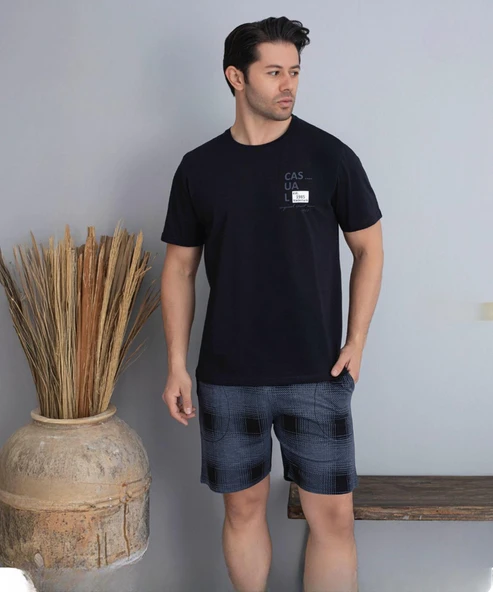 Pijamoni Erkek Bisiklet Yaka Kısa Kol Şortlu Pijama Takımı 6175/6 - 1 Adet  XL Siyah ürün görseli 1