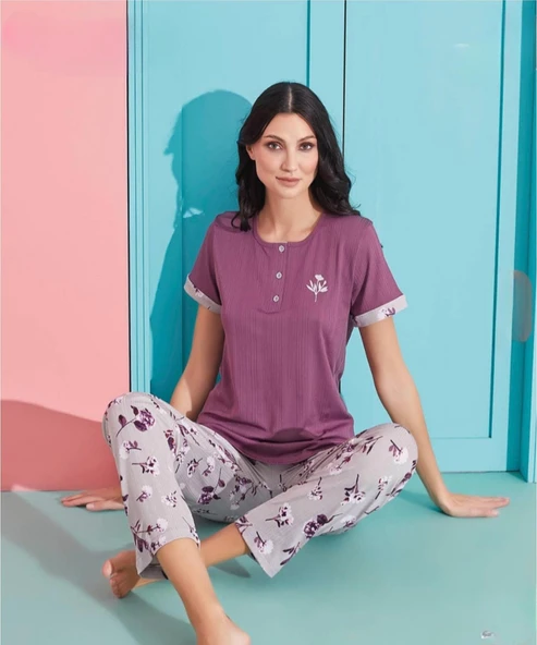 Pijamoni Kadın Viskoz Likralı Düğme Yaka Kaşkorse Patlı Kısa Kol Pijama Takımı 5520-5 / 1 Adet  2XL Mor ürün görseli 1