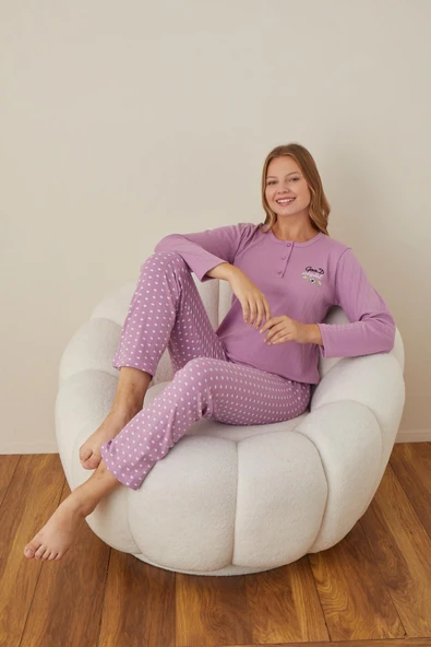 Lindros Kadın Pamuk'lu Düğme Yaka Raporlu İnterlok KIŞLIK Pijama Takımı 05002 - 1 Adet   XL Mor ürün görseli 1