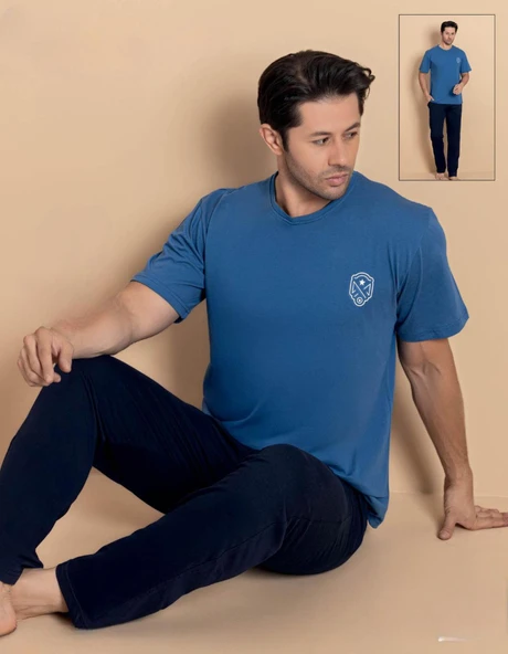 Pijamerry Erkek Bisiklet Yaka Kısa Kol Penye Pijama Takımı 6380 - 1 Adet  L Mavi ürün görseli 1