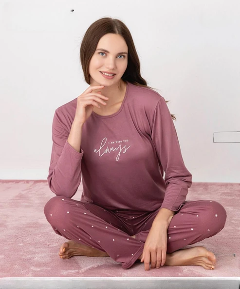 Pijamoni Kadın Milan Bisiklet Yaka Uzun Kol İnce Pijama Takımı 7600/37 - 1 Adet  L Gül Kurusu ürün görseli 1