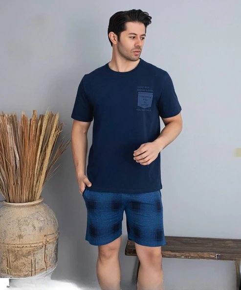 Pijamoni Erkek Bisiklet Yaka Kısa Kol Şortlu Pijama Takımı 6175/8 - 1 Adet  M Lacivert ürün görseli 1