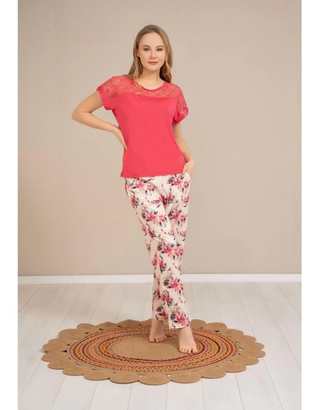 Baha Perfect Club Kadın Bisiklet Dantel Yaka Yarım Kol Pijama Takımı 4352 - 1 Adet  L Fuşya ürün görseli 1
