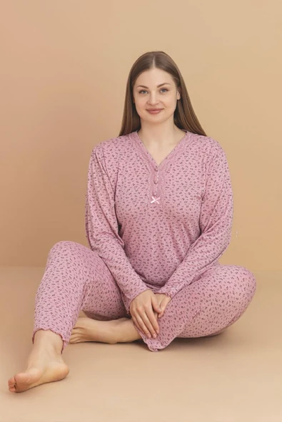 Pijamerry Kadın Büyük Beden Dantel Yaka Bambu Uzun Kol İnce Pijama Takımı 5920- 1 Adet  2XL Pembe ürün görseli 1