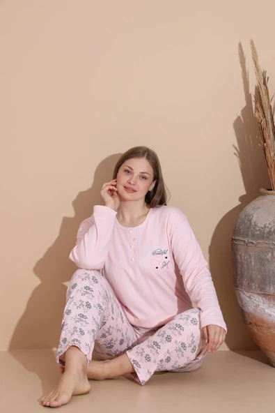 Lindros Kadın Pamuk'lu Düğme Yaka Raporlu İnterlok KIŞLIK Battal Pijama Takımı 05150P - 1 Adet   4XL Pembe ürün görseli 1