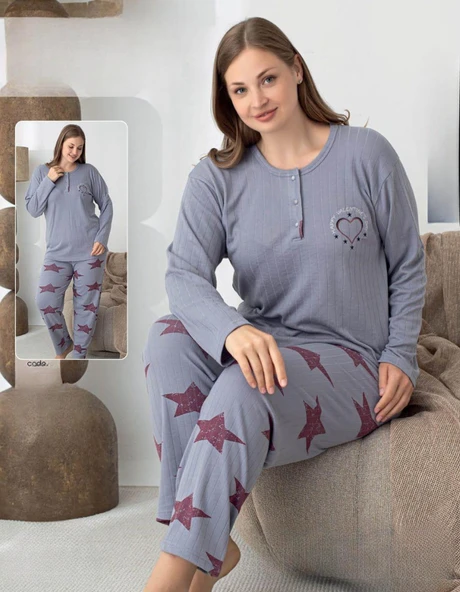 Lindros Kadın Pamuk'lu Düğme Yaka Raporlu İnterlok KIŞLIK Battal Pijama Takımı 05144 - 1 Adet   Gri 5XL ürün görseli 1