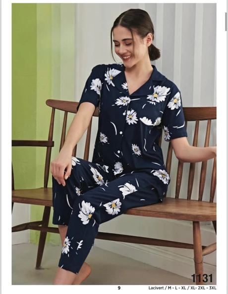 Miss Klein Kadın Gömlek Yaka Pamuklu Likralı Kısa Kol Pijama Takımı 1131 - 1 Adet  XL Lacivert ürün görseli 1