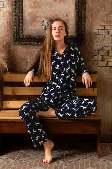 Sude Kadın Gömlek Yaka Polar Pijama Takımı M913 - 1 Adet  M Lacivert ürün görseli 1