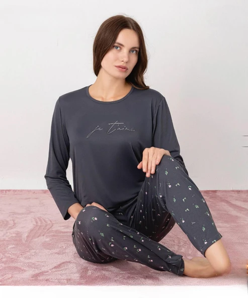 Pijamoni Kadın Milan Bisiklet Yaka Uzun Kol İnce Pijama Takımı 7600/35 - 1 Adet  S - M Füme ürün görseli 1