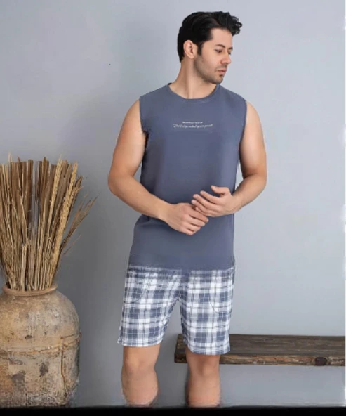 Pijamoni Erkek Bisiklet Yaka Kolsuz Şortlu Pijama Takımı 6185/11 - 1 Adet  M Füme ürün görseli 1