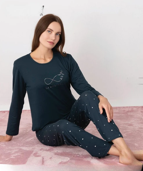 Pijamoni Kadın Milan Bisiklet Yaka Uzun Kol İnce Pijama Takımı 7600/38 - 1 Adet  S - M Koyu Yeşil ürün görseli 1