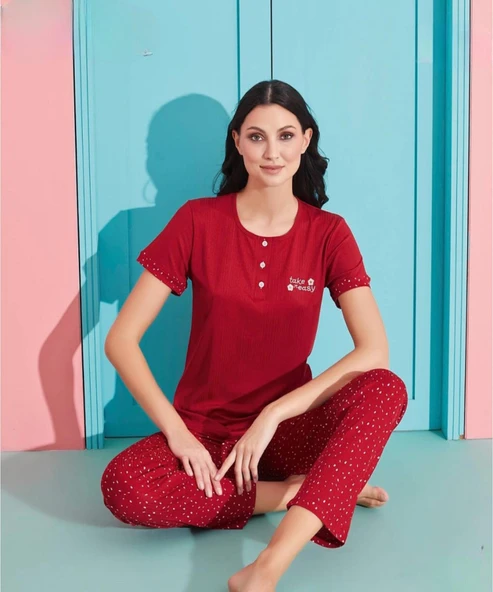 Pijamoni Kadın Viskoz Likralı Düğme Yaka Kaşkorse Patlı Kısa Kol Pijama Takımı 5520-3 / 1 Adet  2XL Kırmızı ürün görseli 1